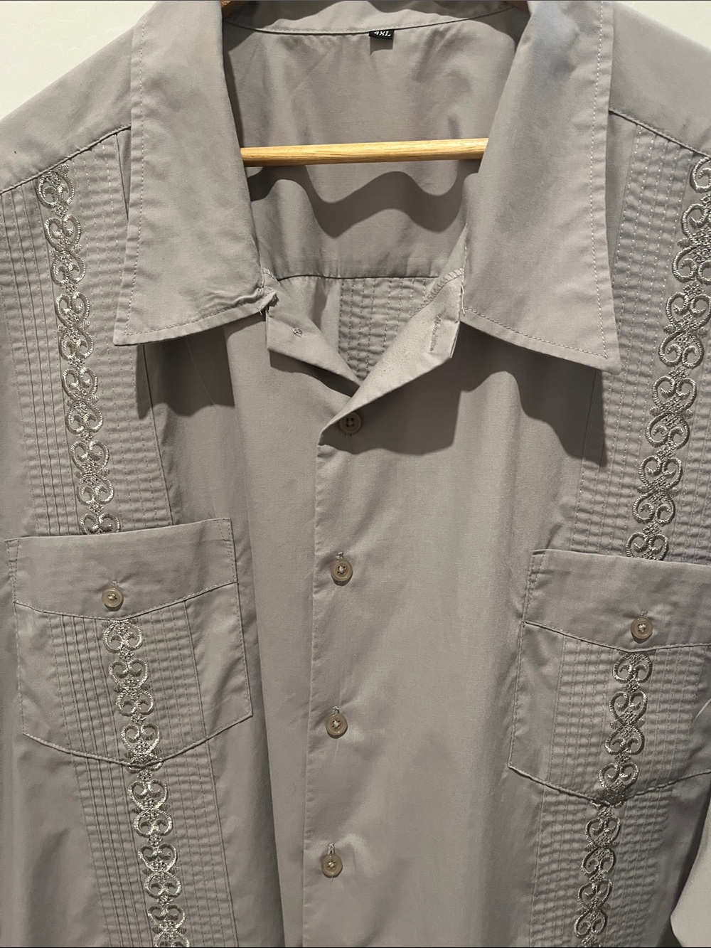 Light Gray Embroidered Guayabera-Style Button Shirt 4XL